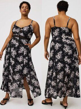 Torrid 2 Black Roses Double-Slit Maxi Dress 2X 18 20